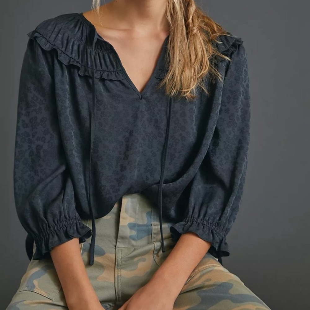 Anthropologie Current Air Southwark Shirred Blouse Black NWT Small